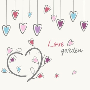 Love Garden vector design, hanging heart valentine card design svg, background design avec des formes de cœur eps