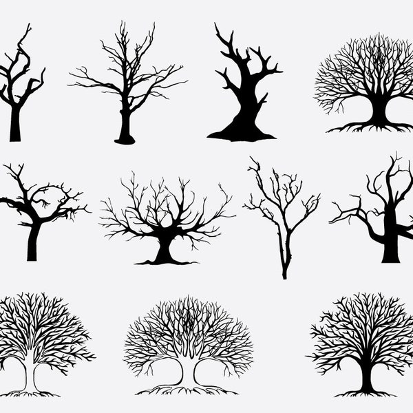 Tree without leaves vector, Tree silhouette isolated on white background vector, Dead Tree, branch without Leaves, oak tree, leafless tree