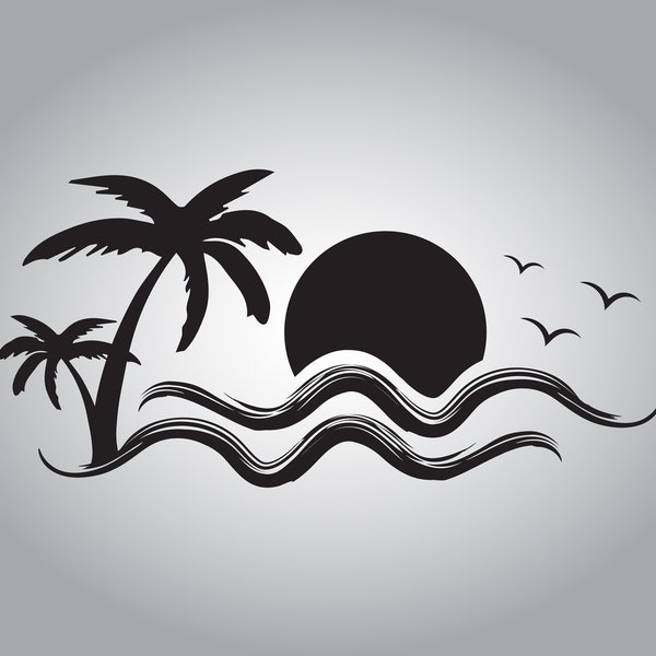 Palm Trees png, Summer beach eps, Palm Trees svg, Sunset Beach eps, Summer Travel vector design, Palm trees svg, ocean wave eps