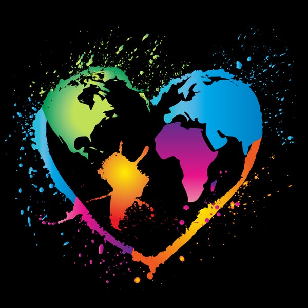 watercolor heart shape world png, universal design, watercolor globe in heart shape, creative global map wall art, paint splatter world map