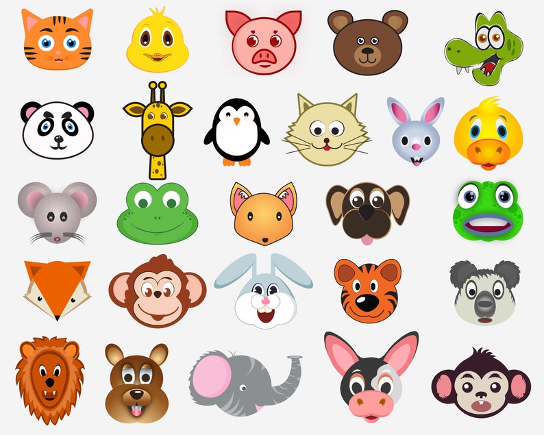 Animals SVG, Cartoon Cute Animal Face Eps, Animal Face Clipart, Safari