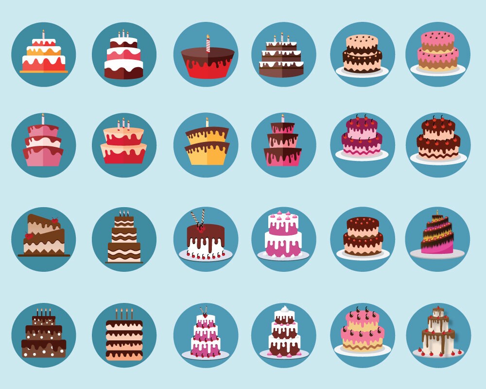 Cartoon Type Colorful Happy Birthday Cake Icons Collection Etsy