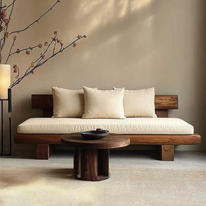 Wabi Sabi-platformbank, massief houten kleine bank in Chinese stijl voor cafélounge, woondecoratie, rustieke houten bank, houten bank in Chinese stijl