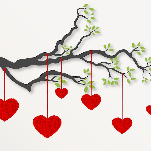 hearts hanging tree branch vector design, creative wall design, design with heart shape svg, tree branch eps, heart image
