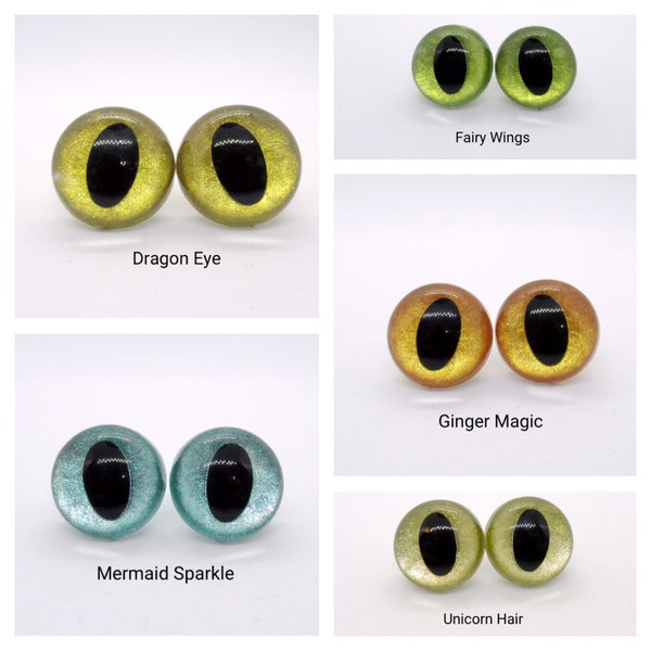 15mm/18mm/21 mm cat safety eyes - 5 pairs - hand-painted eyes - Reptile or dragon eyes - metallic colours - Sparkle Safety Eyes