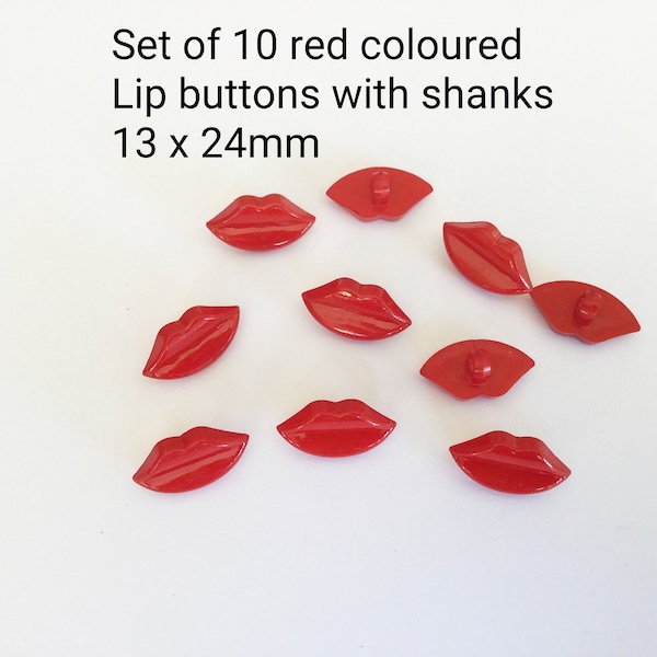 Plastic lip buttons - decorative buttons - set of 10 Red coloured buttons - toy lips - button mouth - shank button - 13 x 24 mm
