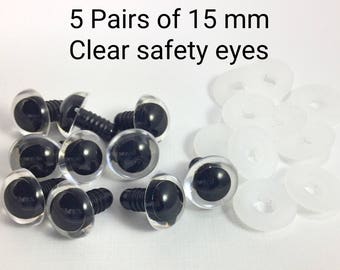 15 mm safety eyes - 5 pairs of clear eyes - do it yourself - Amigurumi safety eyes - plastic animal eyes - teddy bear supplies - craft eye