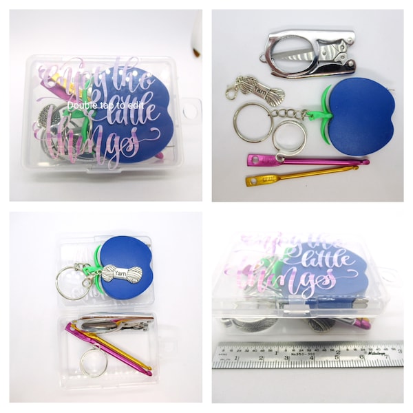 Mini crochet notion kit to go - notions - yarn ring - 3 and 4mm crochet hook - tape measure - scissors - travel case - project bag kit