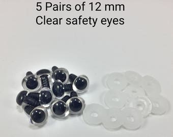 Clear safety eyes - 12 mm - Amigurumi safety eyes - 5 Pairs of round pupil eyes - plastic animal eyes - teddybear supplies - craft eye