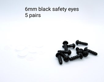 6 mm Solid Black safety eyes - 5 pairs - Amigurumi Eyes - plastic animal eyes - craft eyes - teddy bear eyes - animal eyes - safety eyes
