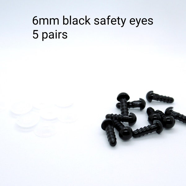 6 mm Solid Black safety eyes - 5 pairs - Amigurumi Eyes - plastic animal eyes - craft eyes - teddy bear eyes - animal eyes - safety eyes