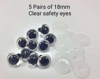 18 mm safety eyes - 5 pairs of clear eyes - do it yourself - Amigurumi safety eyes - plastic animal eyes - teddy bear supplies - craft eye