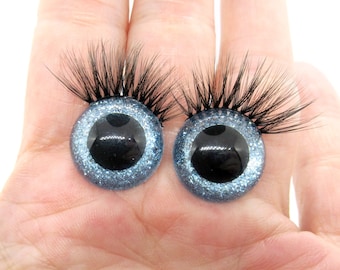 One pair of hand painted 18mm safety eyes with eyelashes -Iced Blue Sparkle safety eyes - doll eyes - craft eyes - plastic eyes
