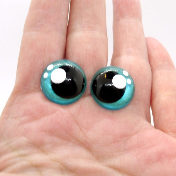 One pair of hand-painted 18mm Safety Eyes with white high lights - offset pupils - Aqua Flash Safety eye - doll eyes - eyes - plastic eye