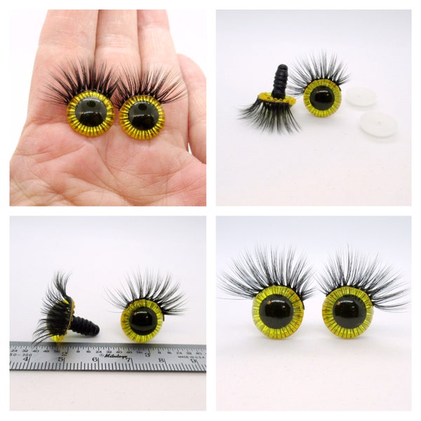 Safety eyes with eyelashes - 14mm owl safety eyes - translucent yellow eyes with eyelashes - Amigurumi Eyes with lashes - eyes with lashes