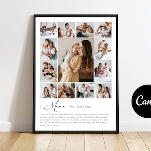 May include: A framed print featuring a collage of family photos. The print includes the word "Mama" with a definition and a heartfelt message. The black frame is displayed on a wooden floor.