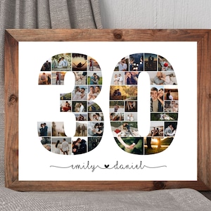 May include: A framed print featuring the number "30" composed of multiple photographs. The names "emily" and "daniel" are written below the number. The frame is made of wood.