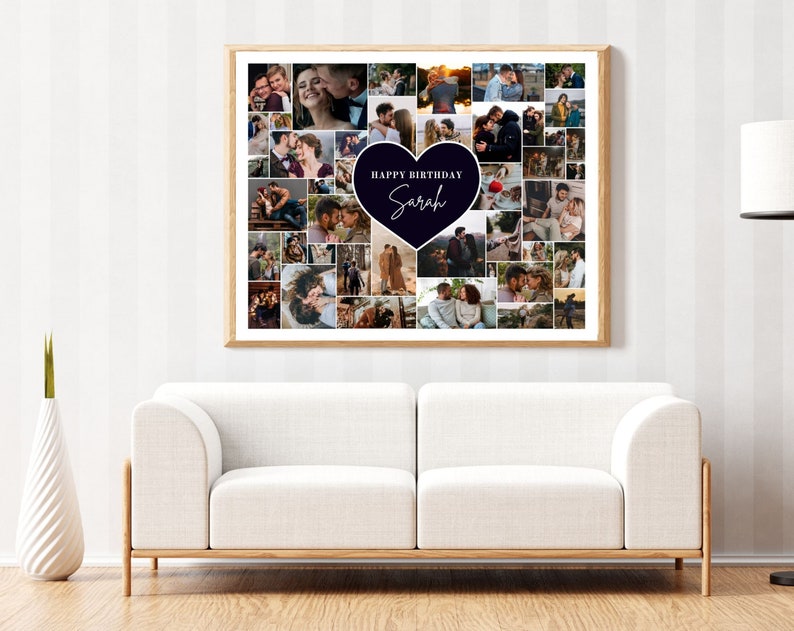 May include: A framed collage of photos in a heart shape with the text "Happy Birthday Sarah" in a white heart on a dark blue background.