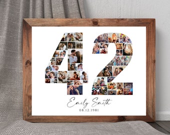 Collage photo chiffre 42 pour un 42e anniversaire, cadeau d'anniversaire, collage photo personnalisé chiffre 42, modèle Canva modifiable