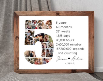 5th Anniversary Photo Collage Gift, Wood Anniversary Photo Collage, 5 Year Anniversary Gift for Couple, Personalized Anniversary Collage