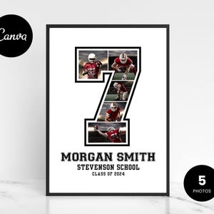Op de afbeelding: Een ingelijste print met een collage van American football-actiefoto's die het nummer 7 vormen. De print bevat de naam "MORGAN SMITH", "STEVENSON SCHOOL" en "CLASS OF 2024" in vette, zwarte tekst. De achtergrond is wit en de lijst is zwart.