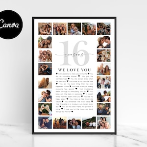 Pode incluir: Uma colagem de fotos em preto e branco com 16 fotos de um casal. A colagem inclui uma sobreposição de texto que diz "16 razões pelas quais nós te amamos".