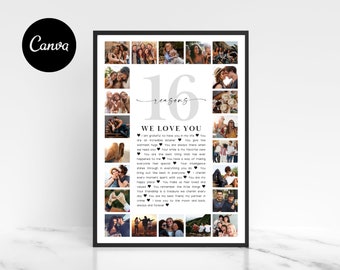 May include: A black and white photo collage featuring 16 images of a couple. The collage includes a text overlay that reads "16 reasons we love you".