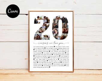 20 raisons pour lesquelles nous t'aimons, Cadeaux pour couples, Collage personnalisé pour les 20 ans, Cadeaux pour lui, Cadeaux pour elle, Collage de chiffres, Cadeaux personnalisés