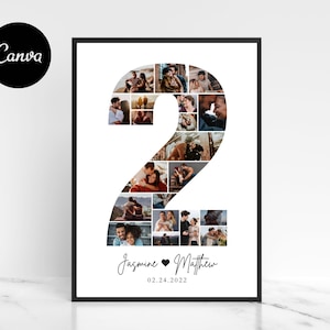Pode incluir: Uma impressão fotográfica branca com uma moldura preta apresenta uma colagem de fotos em forma do número dois. O texto "Jasmine ♥ Matthew 0.2.24.2022" está impresso abaixo da colagem.