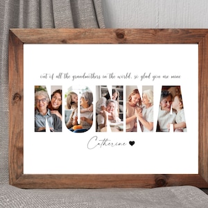 Pode incluir: Uma impressão emoldurada branca com uma colagem de fotos em preto e branco de uma avó e sua família. A colagem de fotos tem a forma da palavra "NUNNA" e o texto "out of all the grandmothers in the world, so glad you are mine" está acima da colagem. O nome "Catherine" está escrito abaixo da colagem com um coração preto.