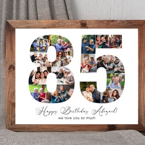 Könnte beinhalten: Ein weiß gerahmtes Foto-Collage mit den Zahlen 85, die aus Fotos von Menschen bestehen. Der Text "Happy Birthday Abigail! We love you so much" befindet sich unter den Zahlen.
