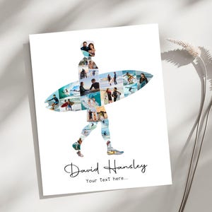 Pode incluir: Uma impressão retangular branca com uma colagem de fotos disposta na silhueta de uma pessoa carregando uma prancha de surf. O texto David Hansley e Your text here estão impressos em tinta preta abaixo da figura central.