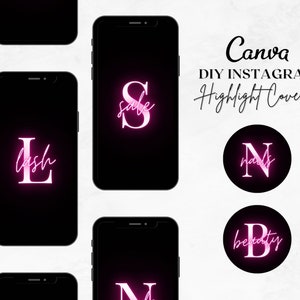 May include: A set of five Instagram highlight covers with neon pink letters on a black background. The letters spell out "Lash", "Sale", "Nails", "Beauty", and "New".