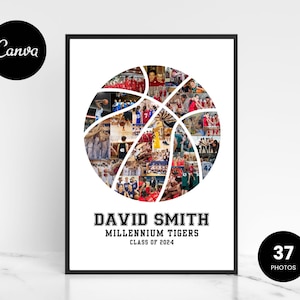 May include: A basketball photo collage featuring 37 photos of a basketball team. The basketball is white with black lines and the team's name, "David Smith Millennium Tigers Class of 2024", is printed below the basketball.