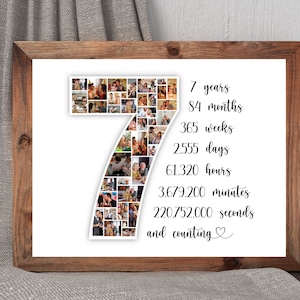 Collage de fotos para el séptimo aniversario, collage de números, impresiones de números, regalos para padres, regalos para él, regalos para ella, impresiones de aniversario, regalo para la esposa