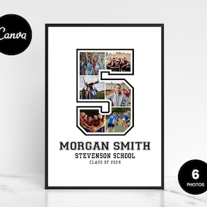 May include: A white background with a black and white number 5 made of photos. The photos are of a group of people playing sports. The text "MORGAN SMITH STEVENSON SCHOOL CLASS OF 2024" is below the number.