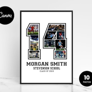 May include: A black and white photo collage of a soccer player in a jersey with the number 14. The collage is in the shape of the number 14. The text "MORGAN SMITH STEVENSON SCHOOL CLASS OF 2024" is below the collage.