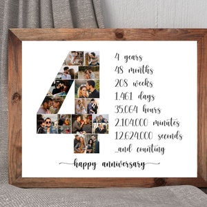 Pode incluir: Um collage de fotos emoldurado em forma de número quatro, composto por fotos de um casal. O texto abaixo do collage diz "4 anos, 48 meses, 208 semanas, 1.461 dias, 35.064 horas, 2.104.000 minutos, 12.624.000 segundos...e contando, feliz aniversário".