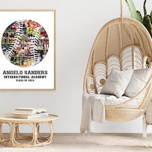 May include: A framed print of a baseball collage with photos of a baseball team. The baseball is surrounded by the text "Angelo Sanders International Academy Class of 2024".
