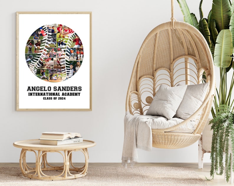 May include: A framed print of a baseball collage with photos of a baseball team. The baseball is surrounded by the text "Angelo Sanders International Academy Class of 2024".