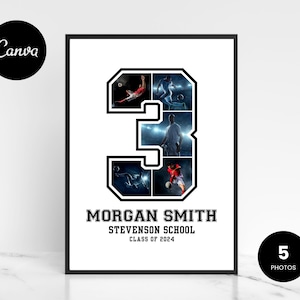 May include: A black and white photo collage of a soccer player in a jersey with the number 3 on it. The collage is framed in a black frame with the text "Morgan Smith, Stevenson School, Class of 2024".