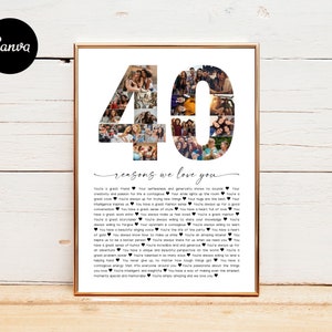 Personalized 40th Birthday Photo Collage, 40 Reasons Why, Canva Template (PDF)