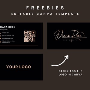 Op de afbeelding: Een zwart-witte visitekaartjes sjabloon met een gouden logo en tekst. Het sjabloon bevat een QR-code, contactgegevens en de tekst "FREEBIES EDITABLE CANVA TEMPLATE".