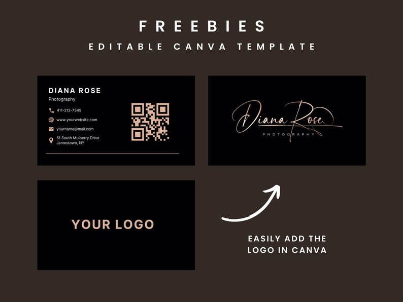 Op de afbeelding: Een zwart-witte visitekaartjes sjabloon met een gouden logo en tekst. Het sjabloon bevat een QR-code, contactgegevens en de tekst "FREEBIES EDITABLE CANVA TEMPLATE".