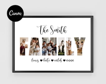 May include: A white framed print with the text "The Smith Family" in black cursive font. The word "Family" is made up of photos of a family. Below the photos are the names "Louis, Kate, Caleb, Anna" with a heart symbol between each name.