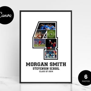 Pode incluir: Uma colagem de fotos em preto e branco em forma do número quatro. A colagem apresenta fotos de pessoas jogando futebol. O texto "MORGAN SMITH STEVENSON SCHOOL CLASS OF 2024" está abaixo da colagem.