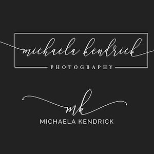 May include: Two logos on a dark gray background. The top logo features the words "michaela kendrick" in a cursive font, inside a white rectangle, with "photography" below. The bottom logo displays "mk" in cursive, with "michaela kendrick" below.