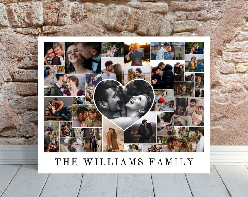 May include: A black and white photo collage of a family, with a heart-shaped cutout in the center featuring a couple. The collage is framed with a white border and the text "THE WILLIAMS FAMILY" is printed below the collage.
