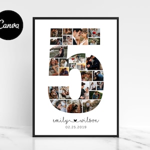 Collage fotografico per il quinto anniversario, collage di numeri, collage Canva, collage per il quinto anno, regali per lui, regali per lei, stampe per l'anniversario