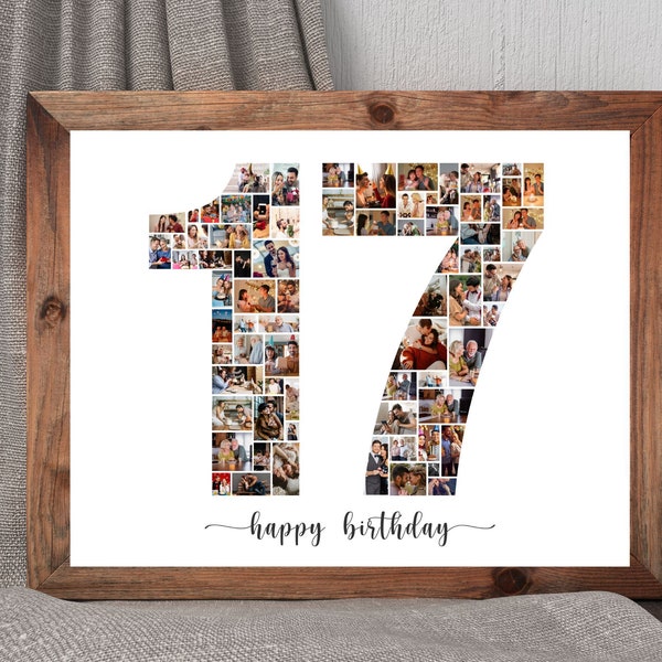17th Photo Collage, Number Collage, 17th Birthday Photo Collage, Family Gift, Number Collage, Gifts for Him, Gifts for Her, Birthday Gifts
